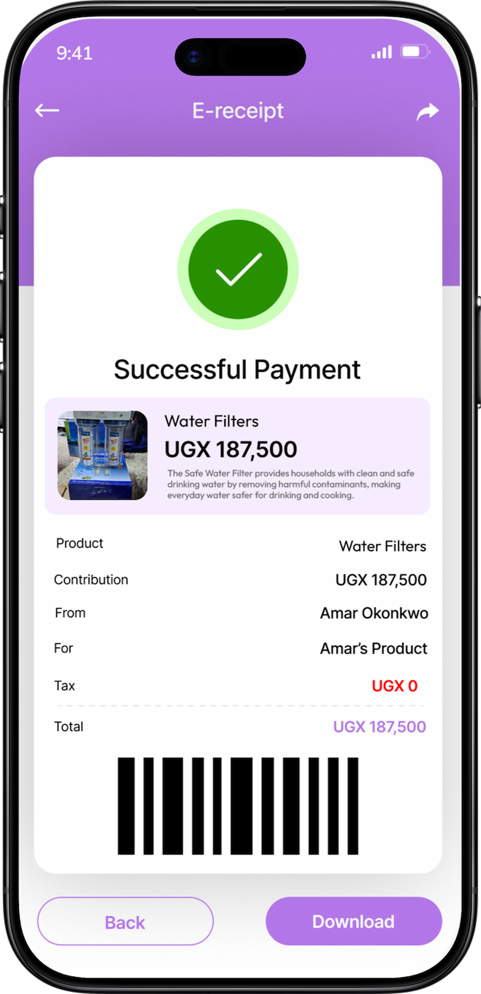 Successful payment for a clean-water system